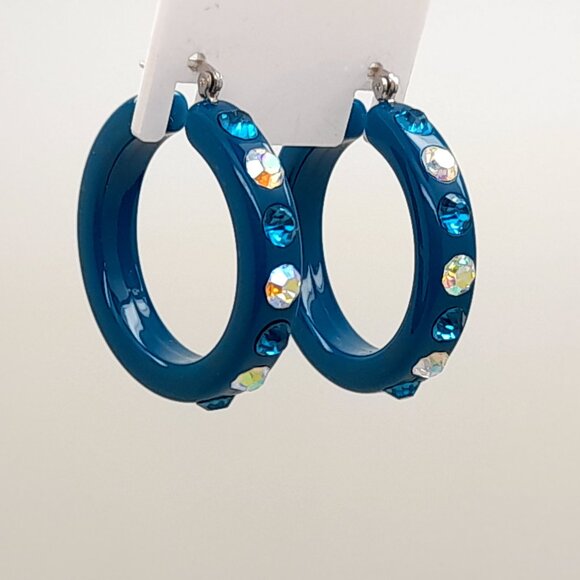 chunky dark blue zircon Lucite Acrylic wide 1.5 Hoop Latch Back Fashion Earrings - Picture 2 of 4